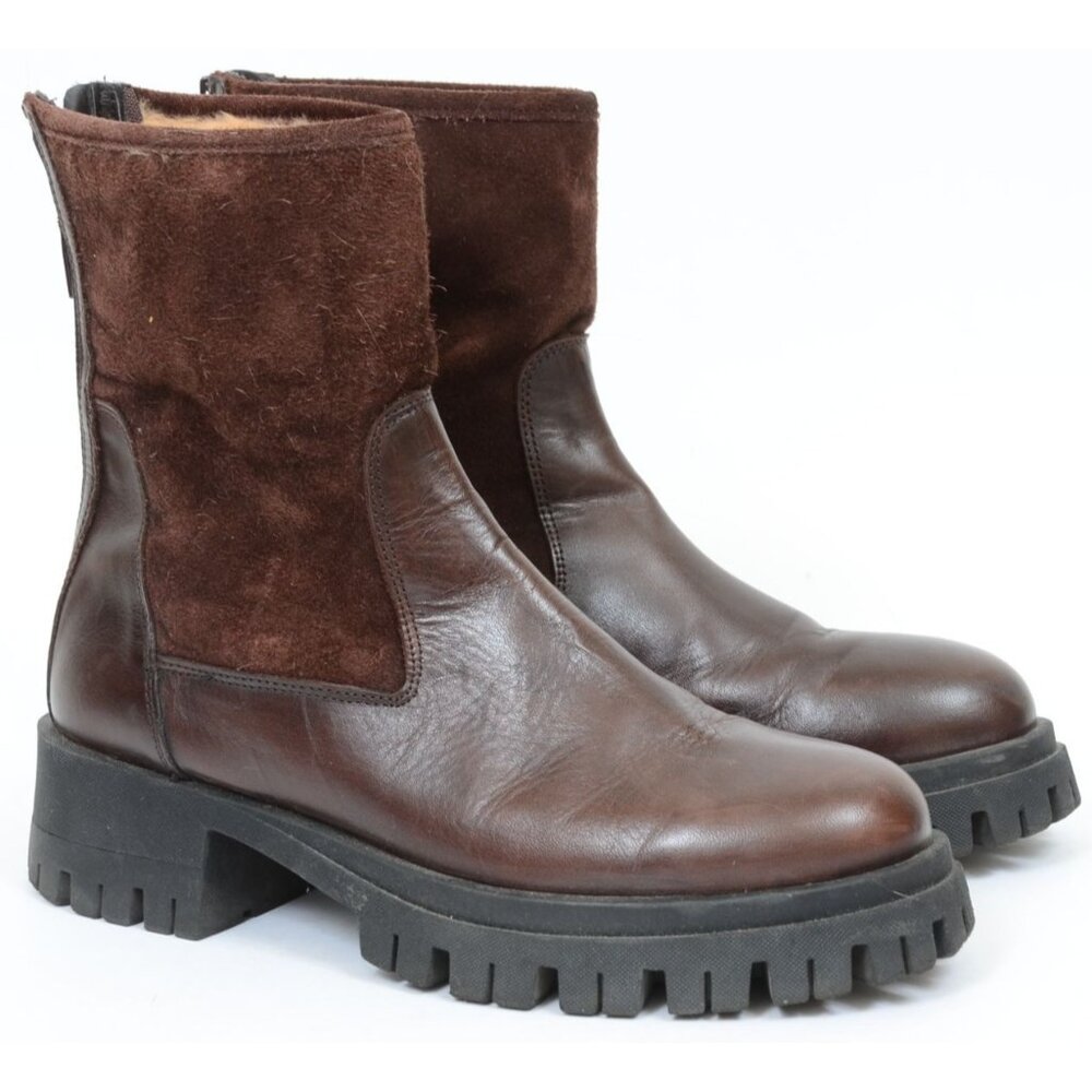 LAMICA Italy Women's 9 Chunky Lug Sole Brown Leather Boots Soft‎ Sherpa Lining